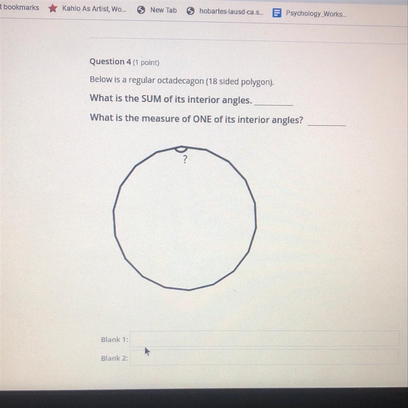 Below is a regular octadecagon (18 sided polygon). What is the SUM of its interior-example-1