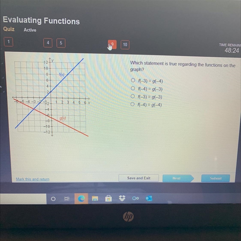 Which statement is true regarding the functions on te graph?-example-1