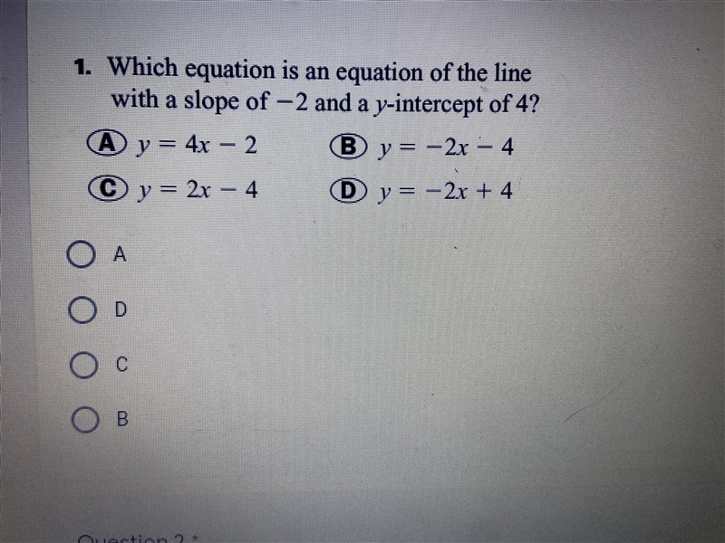 Which equation is an equation of the line with a slope of -2 and a y-intercept of-example-1