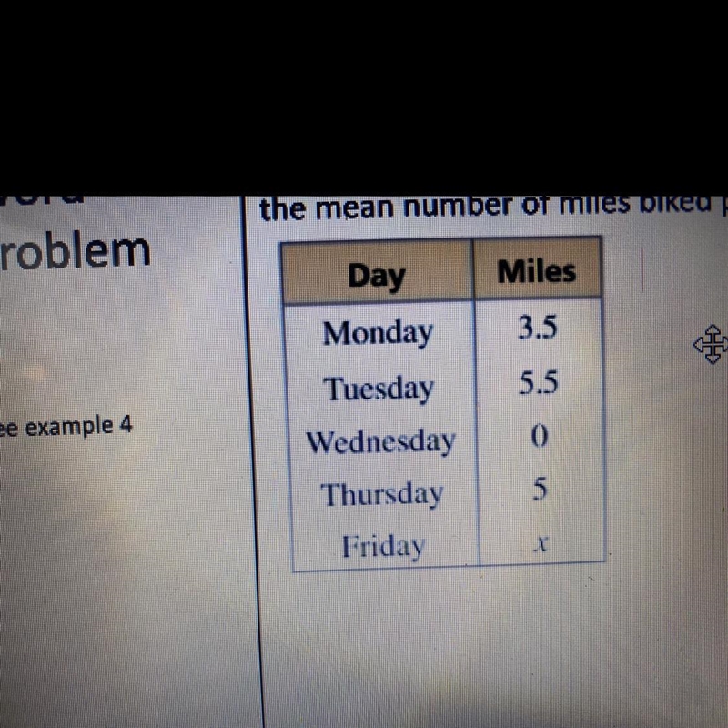 Use the table to find the number of miles x you need to bike on friday so that the-example-1