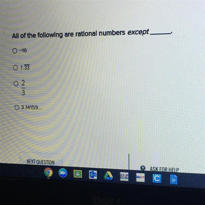 All of the following are rational numbers except -16 1.33 2/3 3.14159...-example-1