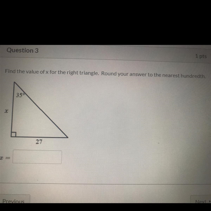 Find the value of x for the right triangle. Round your answer to the nearest hundredth-example-1