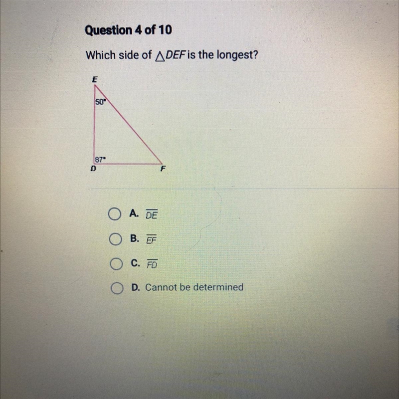 Which side of DEF is the longest? A. DE B. EF C. D D. Cannot be determine-example-1