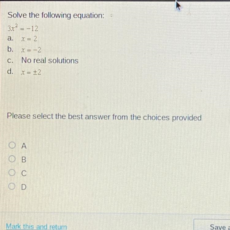 Please help thank you.. Solve the following equation: 3x^2= -12 Picture above of the-example-1