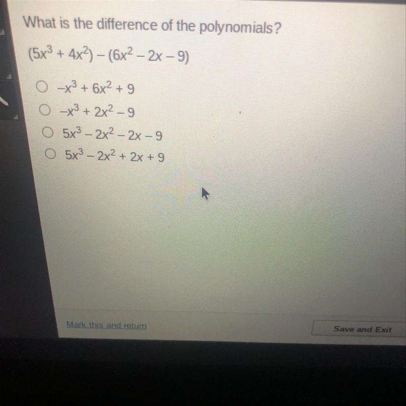 What is the difference of the polynomials? (5x^3+ 4x^2)-(6x^2-2x-9)-example-1