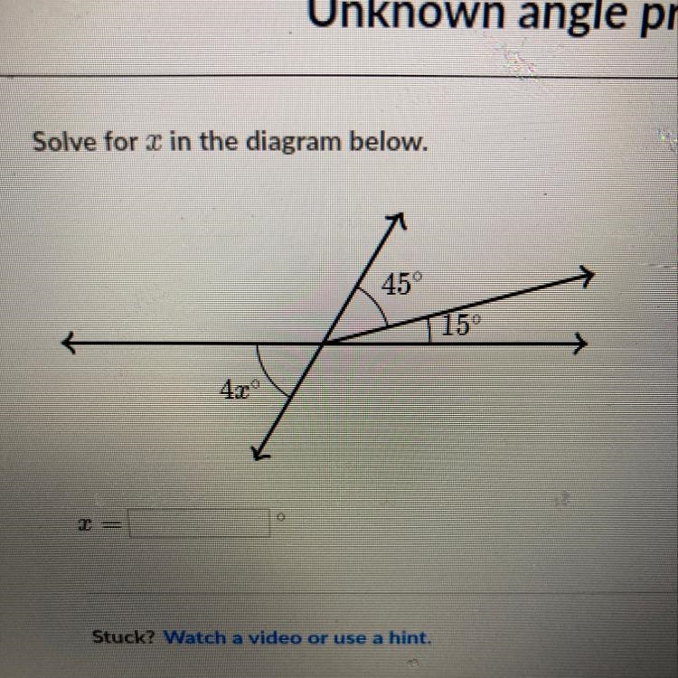 Solve for 2 in the diagram below. 45° 150 42° ea Stuck? Watch a video or use a hint-example-1