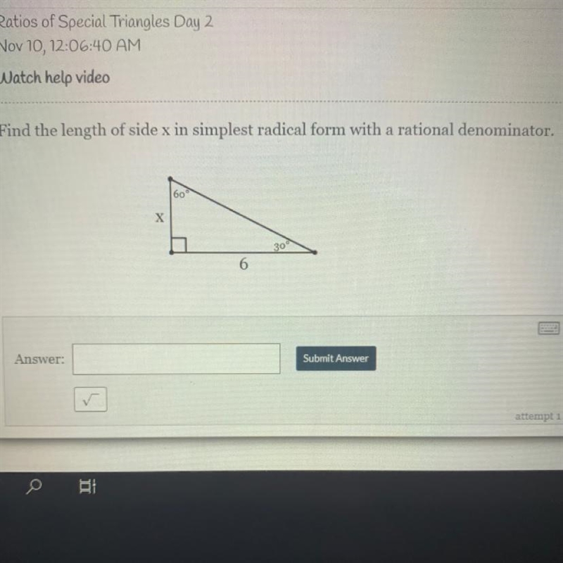 Find the length of side x in simplest radical form with a rational denominator.-example-1