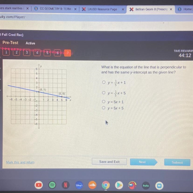 What is the equation of the line that is perpendicular to and has the same y-intercept-example-1