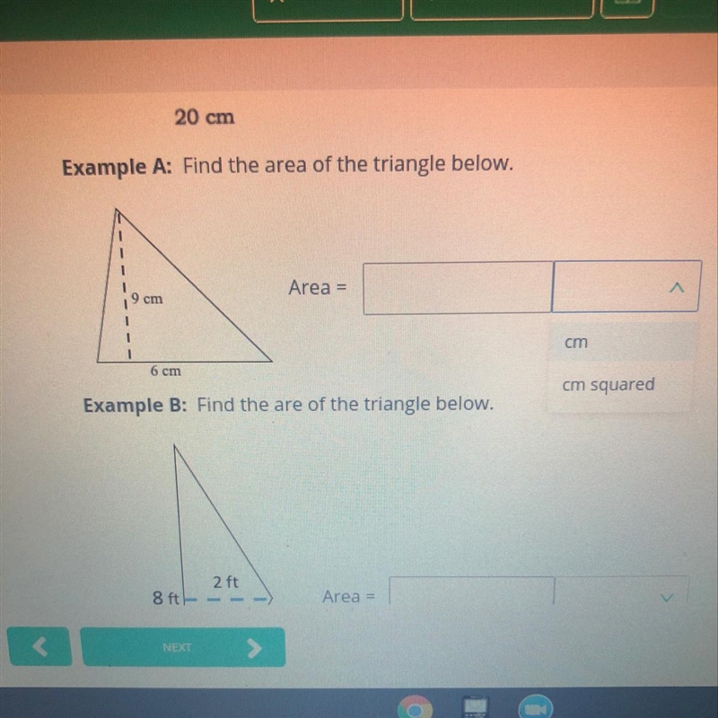 Find the area of the triangle below ( example A )-example-1