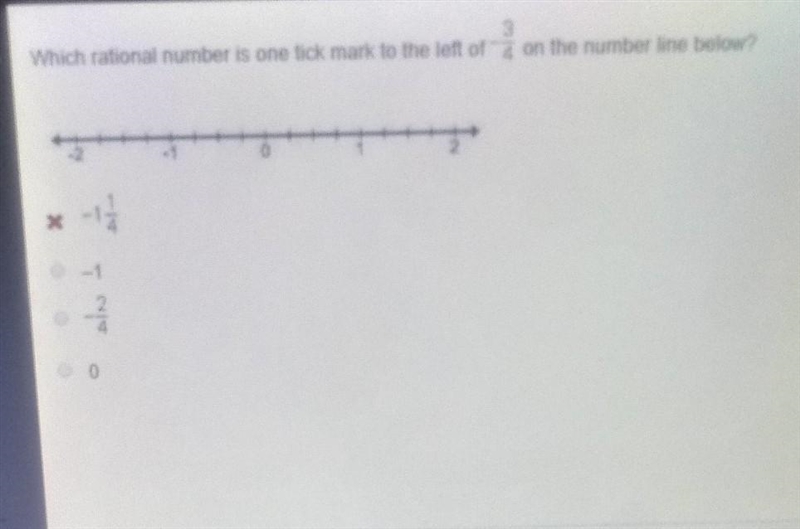 Which rational number is one tick mark to the left of -3/4 on the number line below-example-1