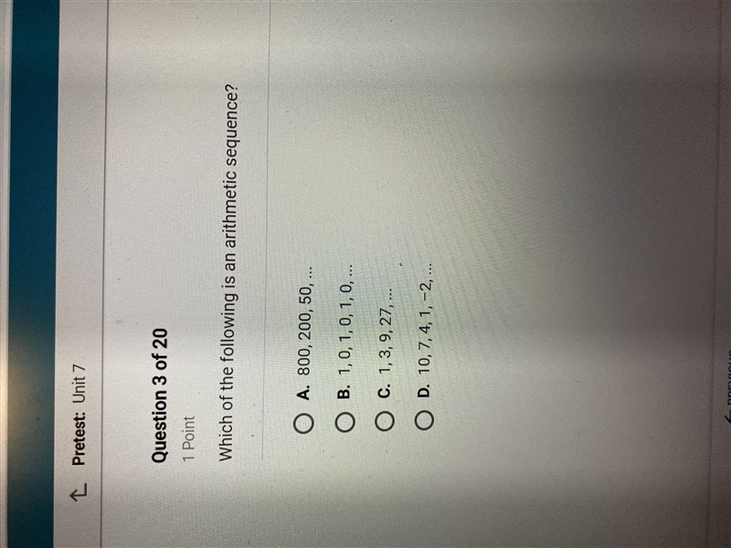 Which of the following is an arithmetic sequence?-example-1