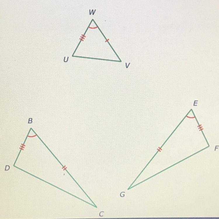 Which two triangles are congruent by the SAS Theorem? Complete the congruence statement-example-1