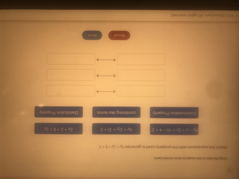 Match the expressions with the property used to generate 5y + 2y + 6 + 2.-example-1