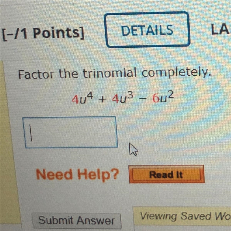 Factor the trinomial completely. 4u^4 + 4u^3 - 6u^2-example-1