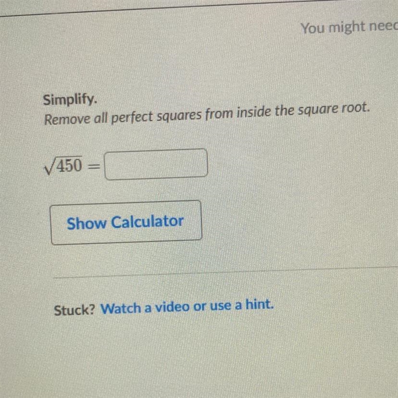 Simplify. Remove all perfect squares from inside the square root. 450-example-1