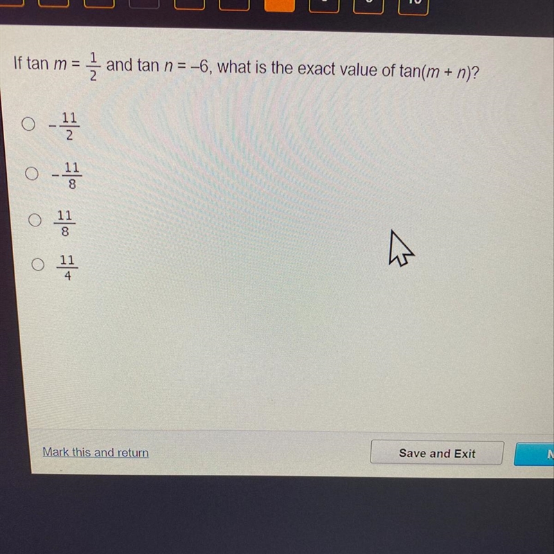 If tan m=1/2 and tan n=-6 what is the exact value of tan (m+n)-example-1