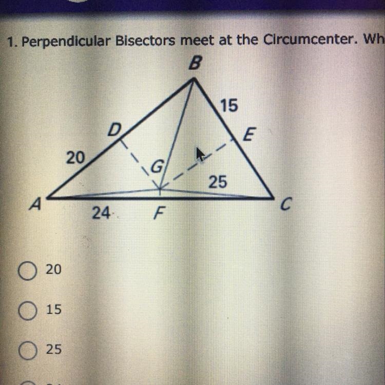 50 POINTS!!!!Perpendicular Bisectors meet at the Circumcenter. What is the measure-example-1