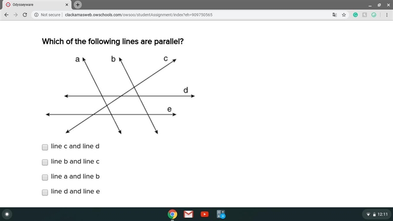 HELP ASAP PLEASE!!! Which of the following lines are parallel? a. line c and line-example-1