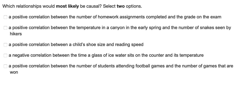 Which relationships would most likely be causal? Select two options.-example-1