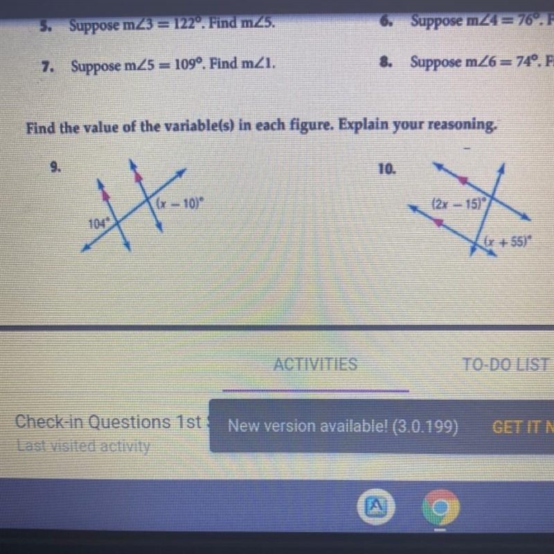 I need 9 and 10 plzzzz Find the value of the variable(s) in each figure. Explain your-example-1