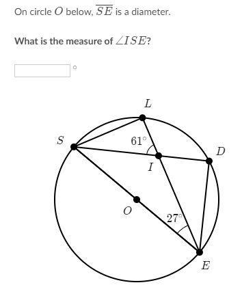 On circle O below, SE is a diameter. What is the measure of ISE?-example-1