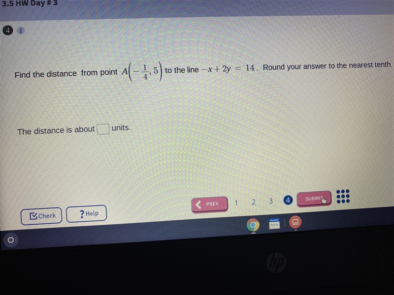 Find the distance from point A (-1/4,5) to the line -x+2y=14. Round your answer to-example-1