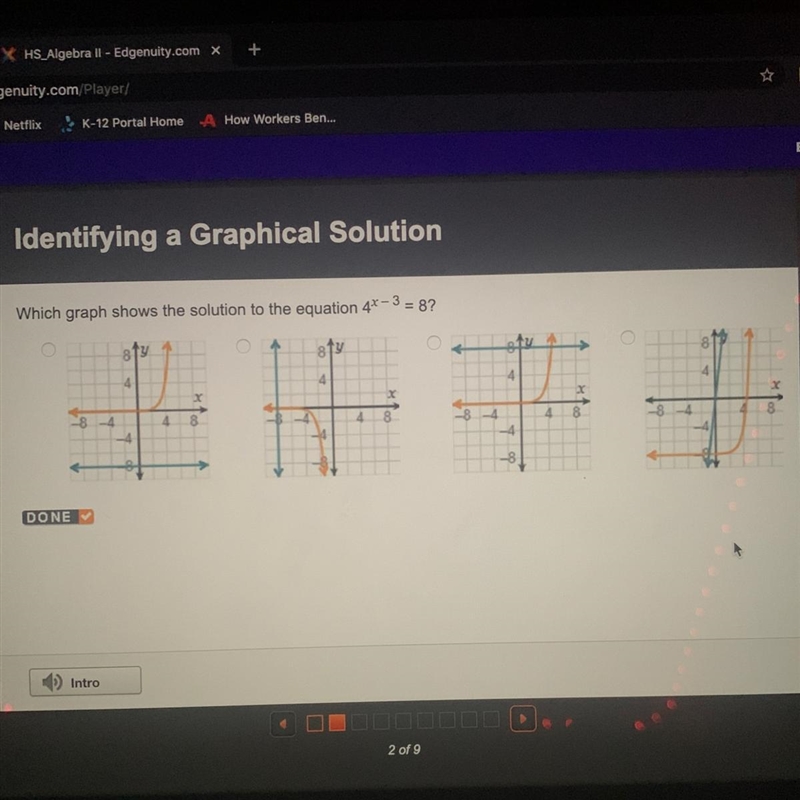 Which graph shows the solution to the equation 4^x– 3 = 8?-example-1