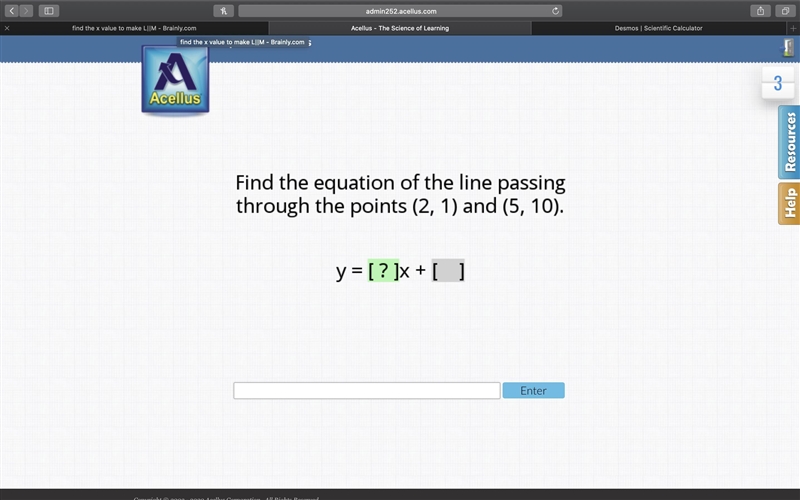 Find the equation of the lines passing through the points (2,1) and (5,10)-example-1