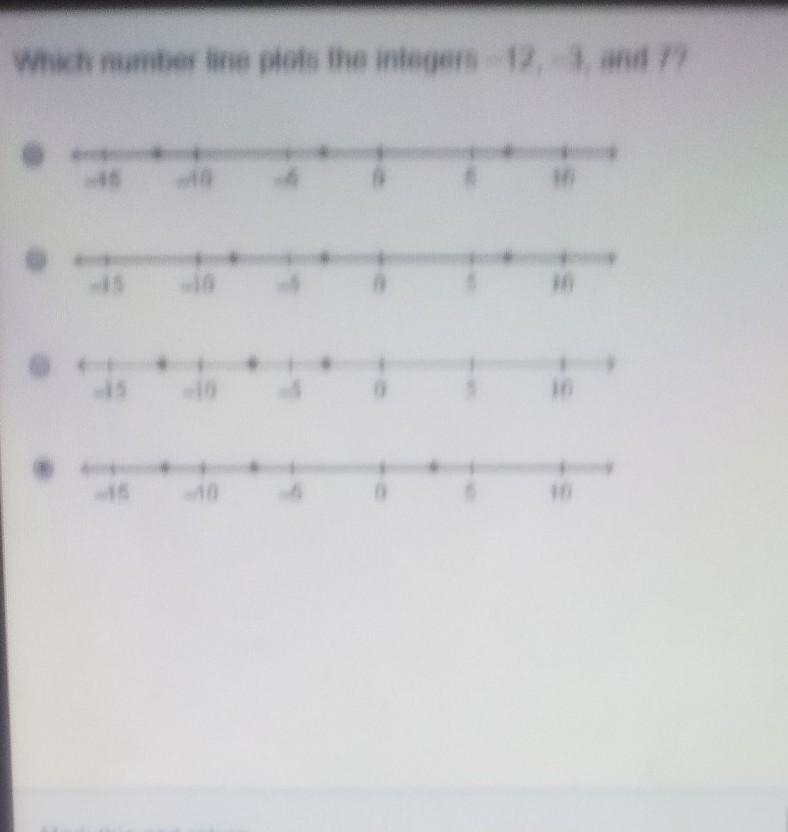 Which number line plots the integers -12,-3,and 7 not sure​-example-1