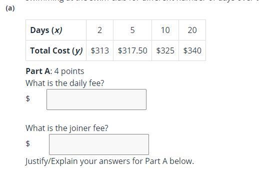 you pay a daily fee and a joiner fee to swim at your swim club. the table below shows-example-1