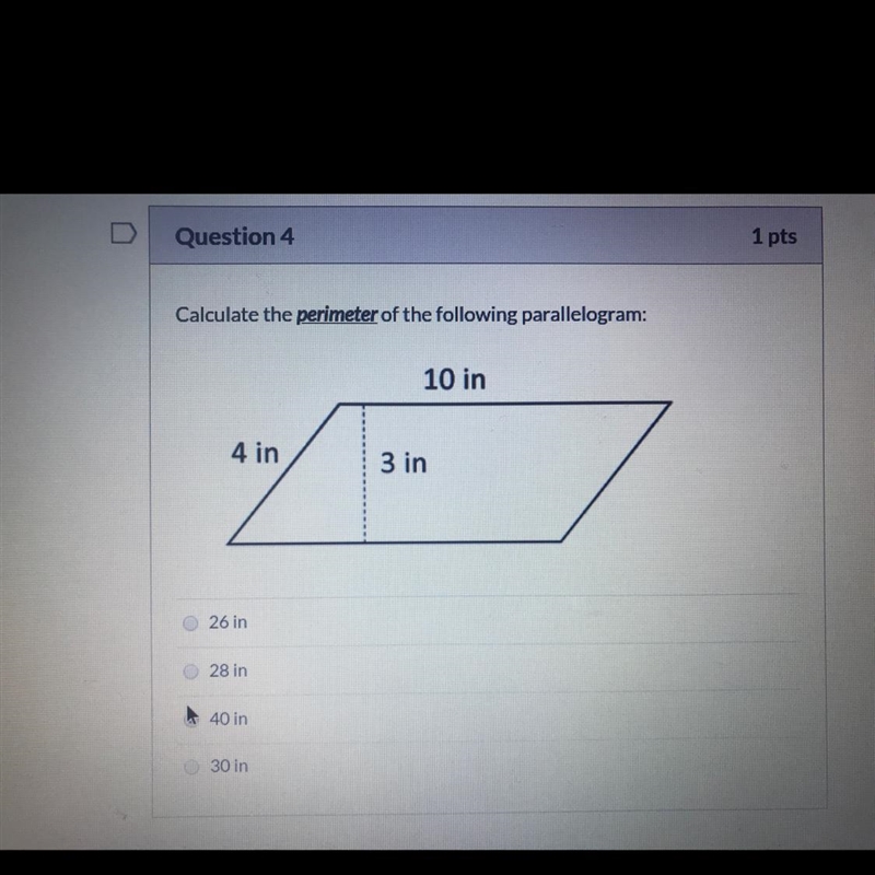 Calculate the perimeter of the following parallelogram: 10 in 4 in 3 in-example-1