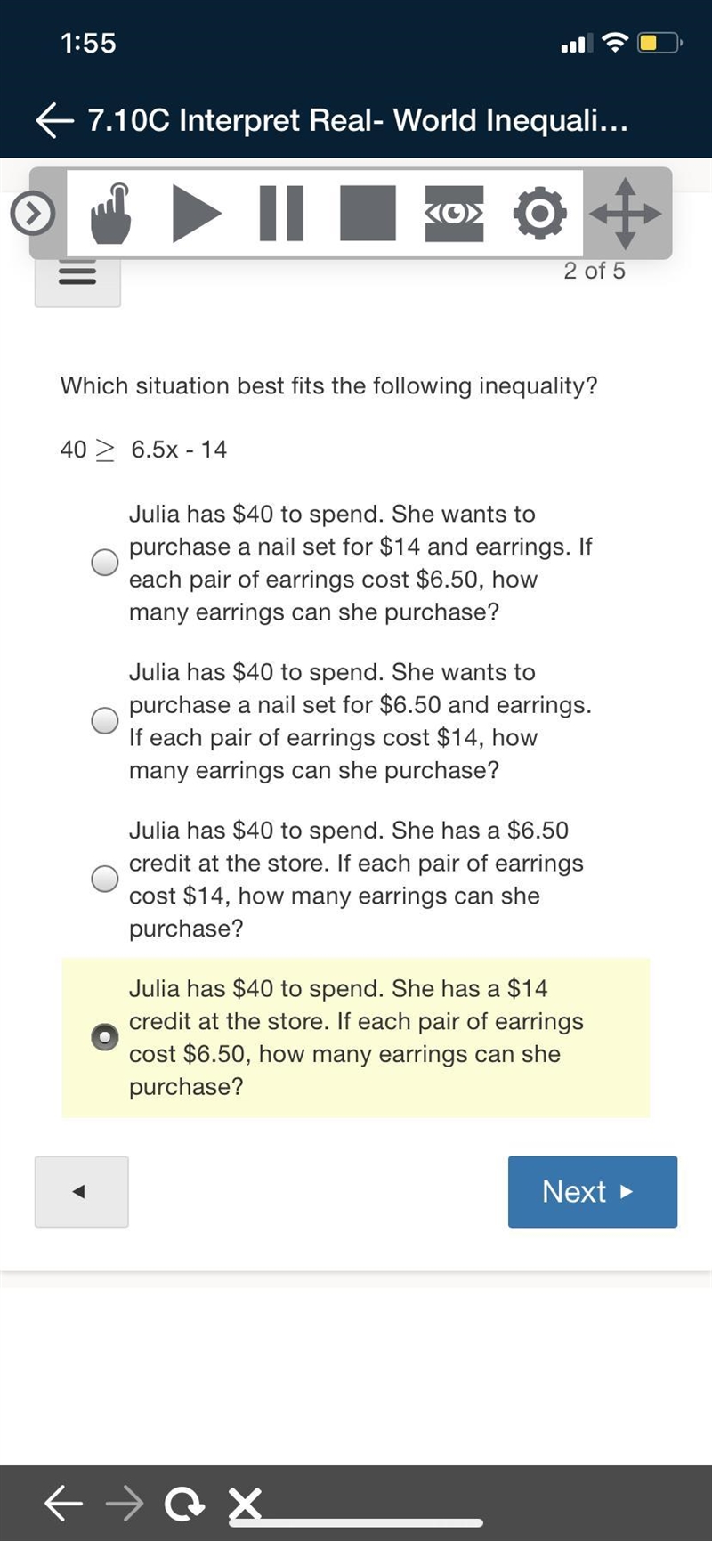 Which situation best fits the following inequality? 40 ≥ ≥ 6.5x - 14-example-1