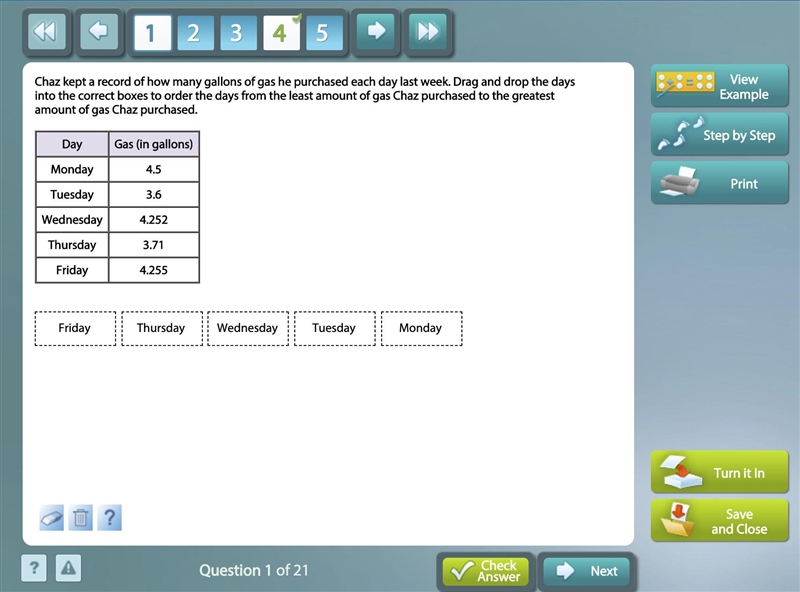 Chaz kept a record of how many gallons of gas he purchased each day last week. Drag-example-1