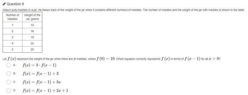 Let f(x) represent the weight of the jar when there are x marbles, where f(0)=10. Which-example-1