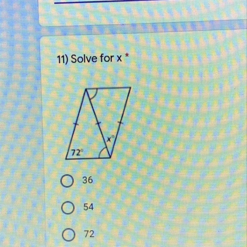 Solve for x A) 36 B) 54 C) 72 D) 84 Ayo help a girl out-example-1