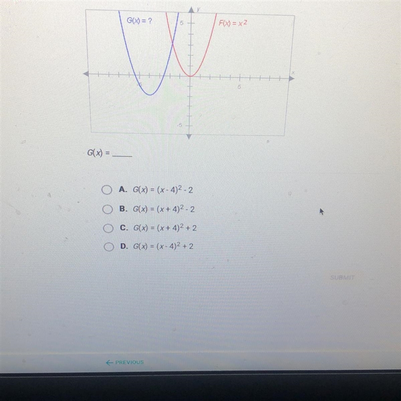 The graphs below have the same shape. What is the equation of the blue graph?-example-1