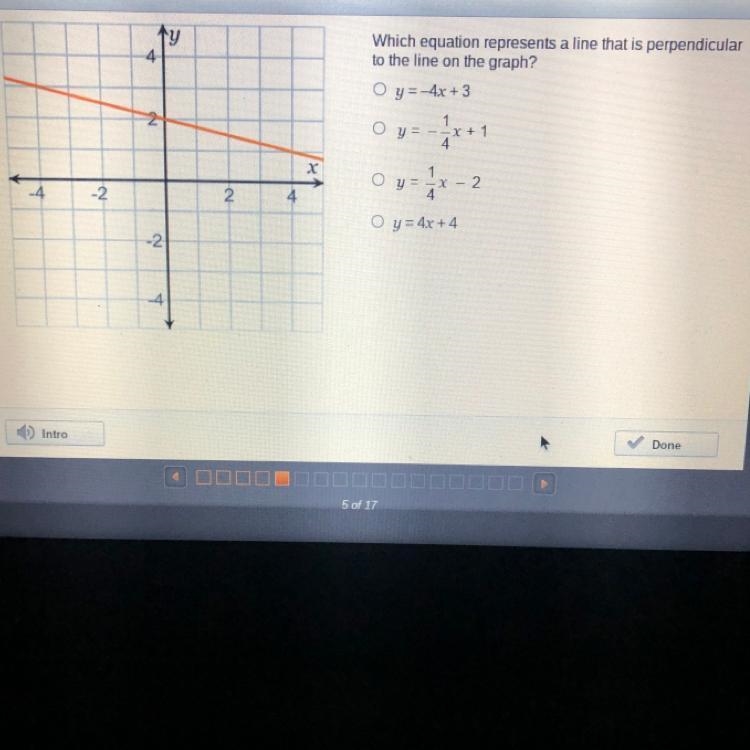 Which equation represents a line that is perpendicular to the line on the graph ? O-example-1