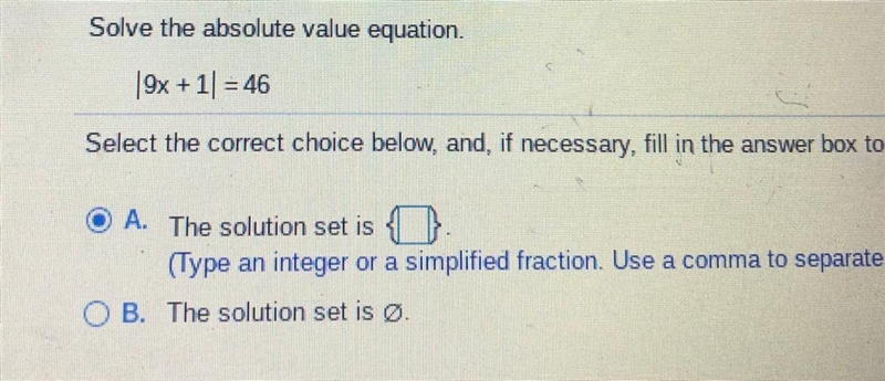 Solve the Absolute Value Equation. |9x+1| = 46-example-1