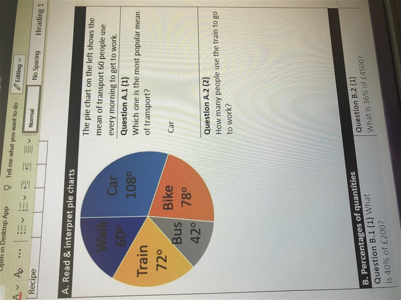 the pie chart on the left shows the mean of transport 60 people use every morning-example-1