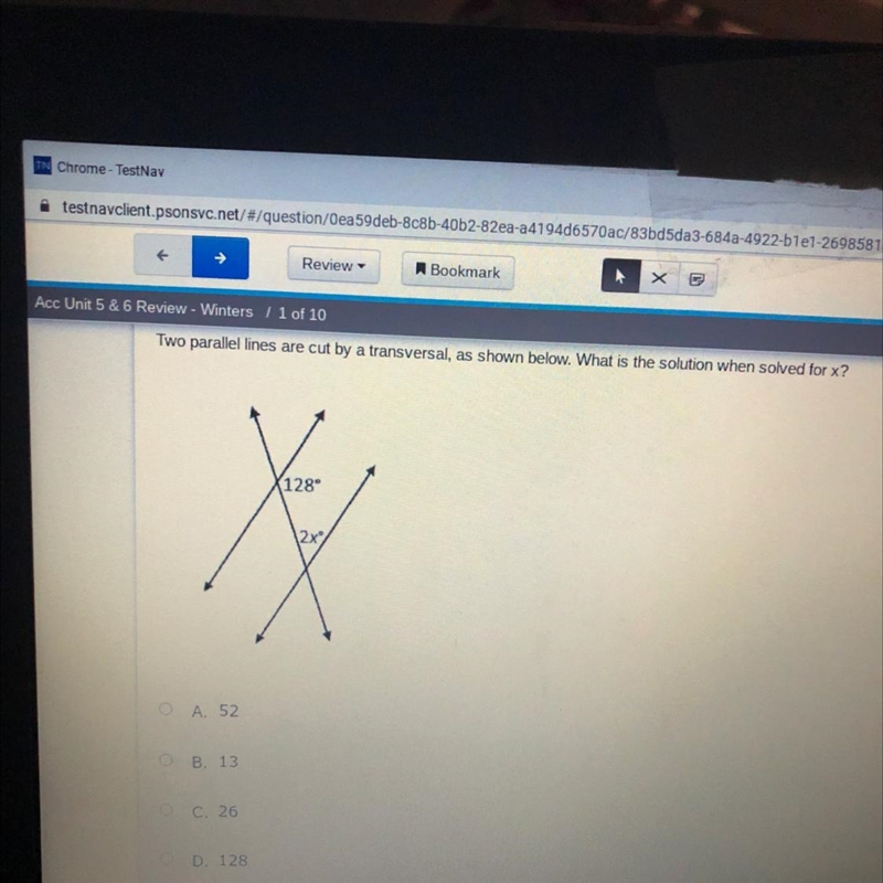 Two parallel lines are cut by a transversal, as shown below. What is the solution-example-1