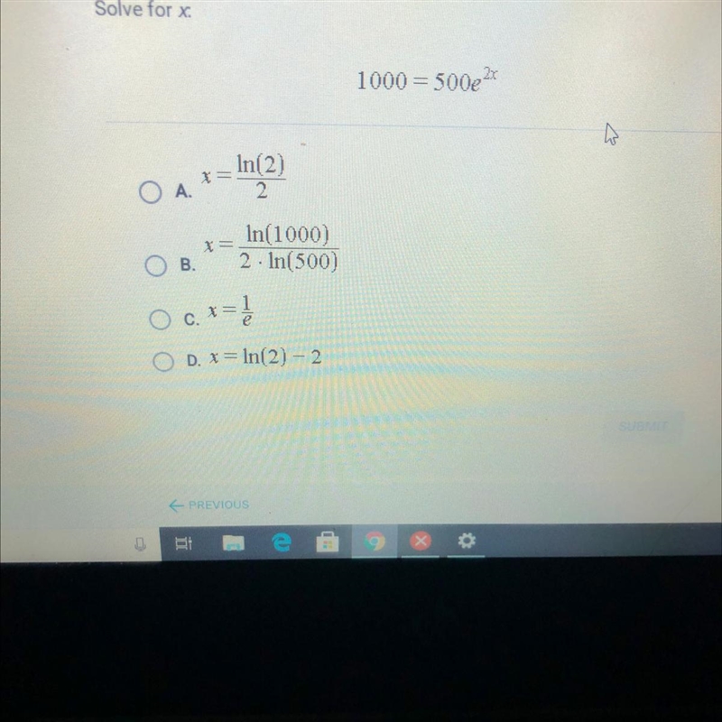 Solve for x 1000 = 500e^2x Can someone help me please-example-1