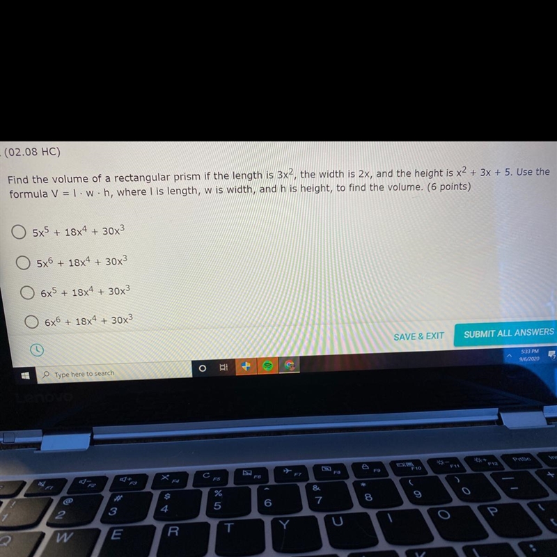 Please HELP! Find the volume of a rectangle prism is the length is 3x^2 , the width-example-1