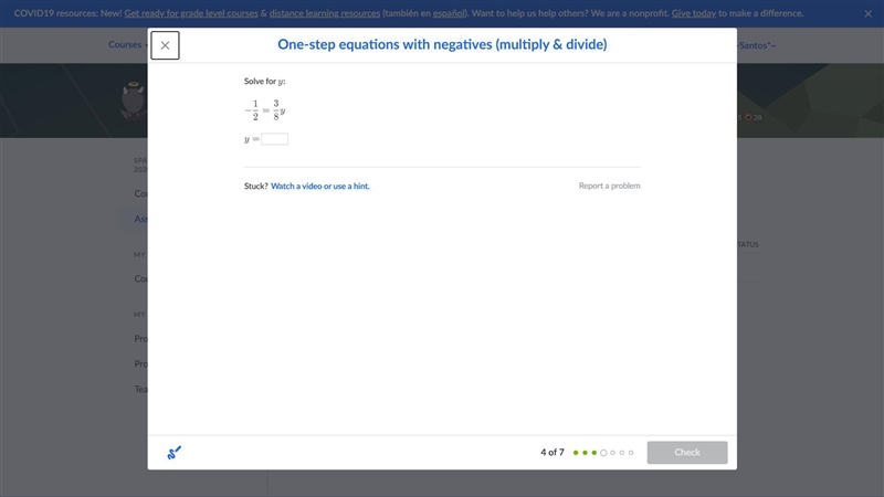 Solve For y: -1/2=3/8y y=-example-1