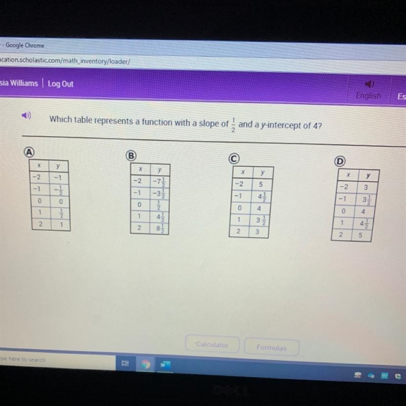 Which table represents a function with a slope of 1/2 and a y-intercept of 4-example-1