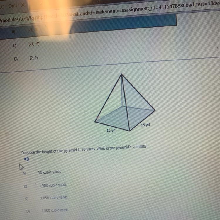 Suppose the height of the pyramid is 20 yards. What is the pyramid's volume?-example-1