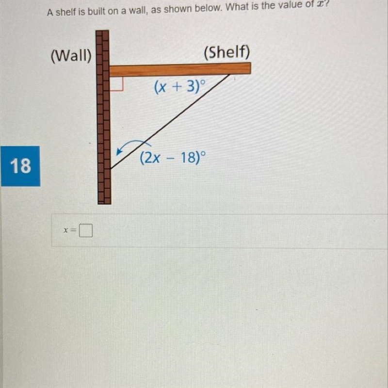 A shelf is built on a wall, as shown below. What is the value of x? (X+3) (2x-18)-example-1