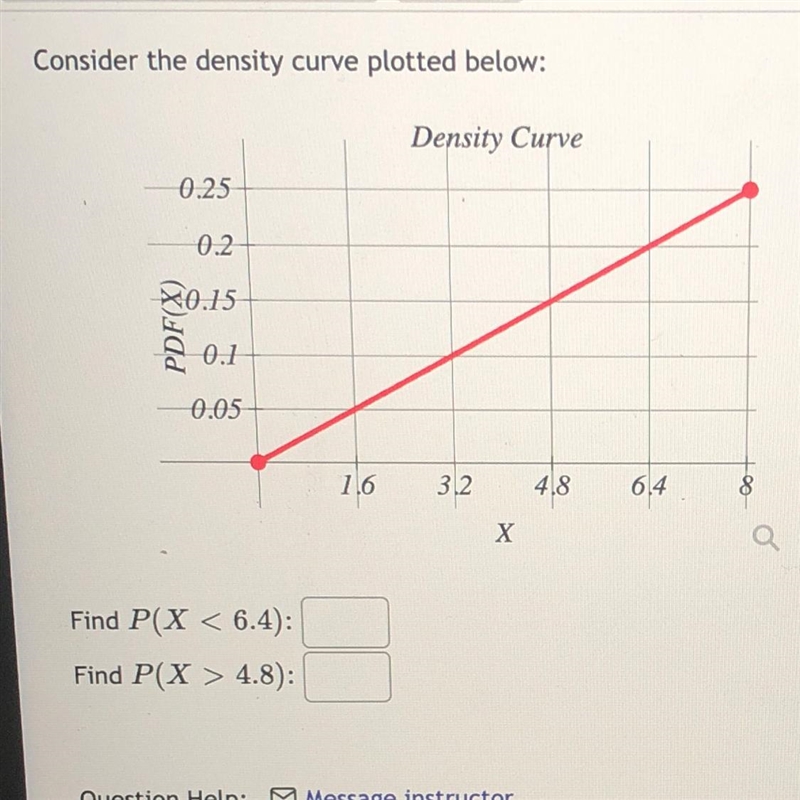 Consider the density curve plotted below: Find PX < 6.4): Find P(X> 4.8):-example-1