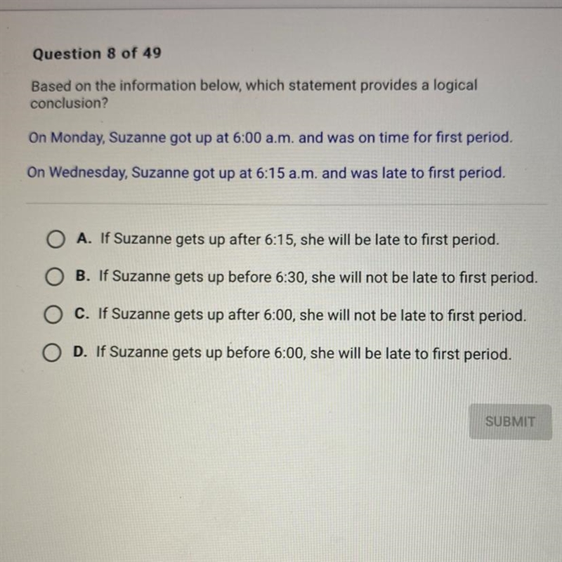 Question 8 of 49 Based on the information below, which statement provides a logical-example-1