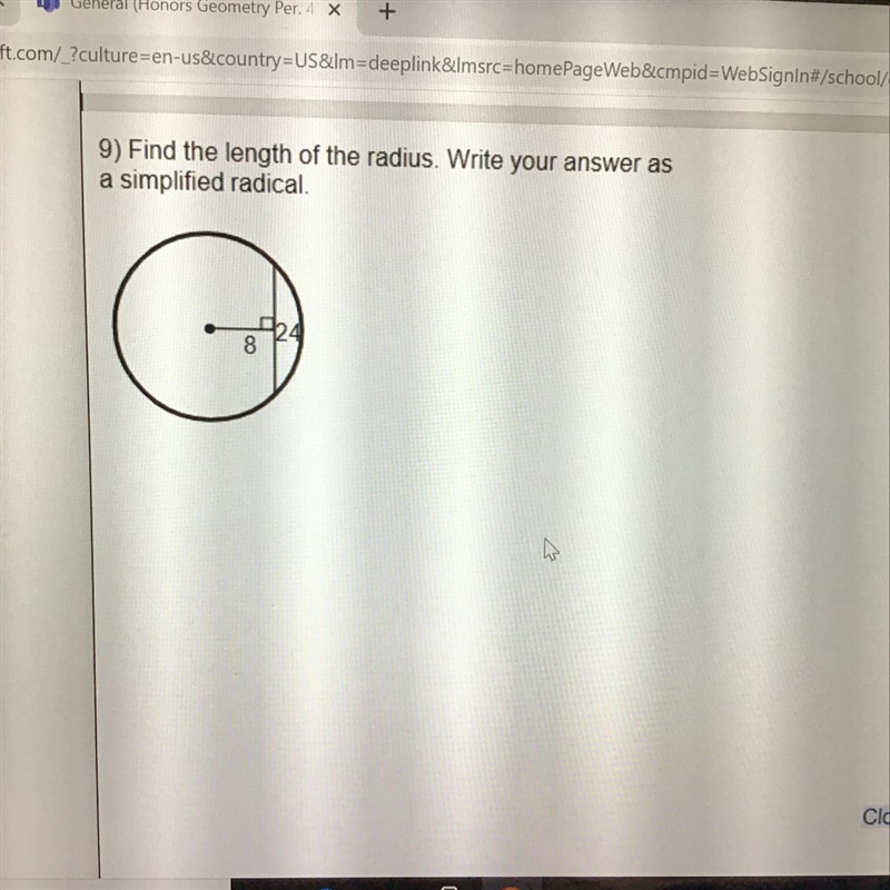 PLEASE HELP!!! Find the length of the radius. Write your answer as a simplified radical-example-1