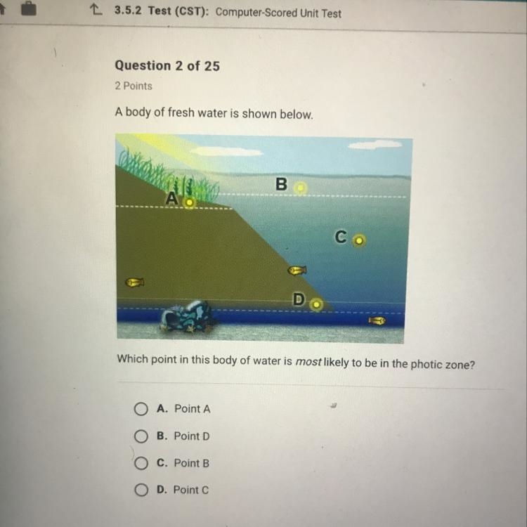 Help me !!! Which point in this body of water is most ikely to be in the photic zone-example-1